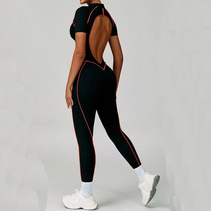 Gym Set Women Training Yoga Suit Sportswear Women Short Sleeves Sports Jumpsuit Fitness Rompers Zipper Push Up Workout Bodysuits